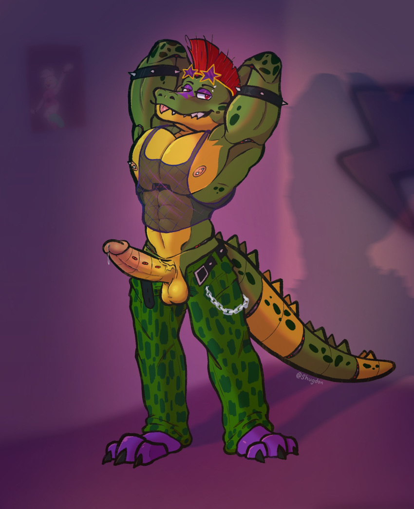 alligator anthro balls blush boner erection five_nights_at_freddy's five_nights_at_freddy's:_security_breach green_skin hands_behind_head male male_only mohawk mohawk_(hairstyle) montgomery_gator_(fnaf) muscles muscular open_fly pants penis red_hair scalie shugdon solo solo_male straight_hair sunglasses sunglasses_on_head tail tank_top tongue_out