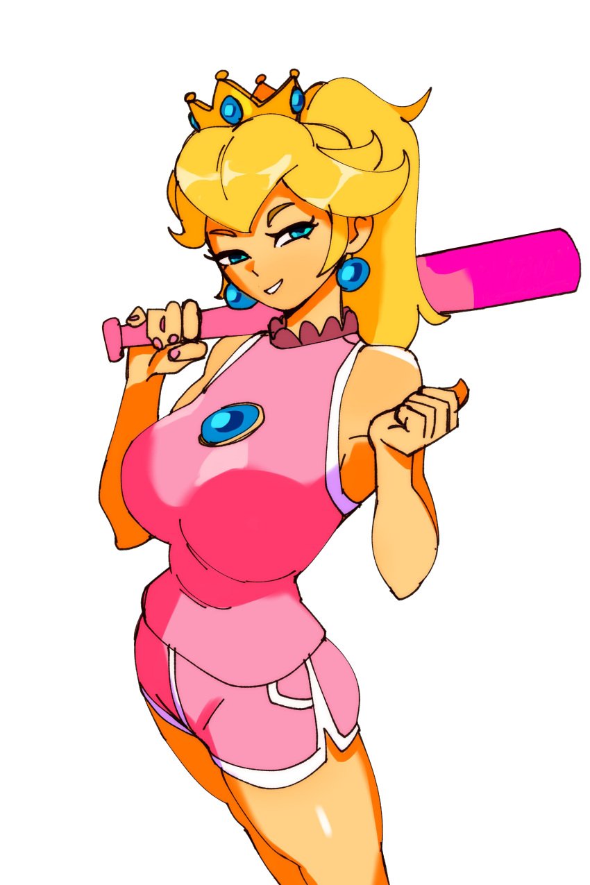 1girls 3amsoda athletic_shorts athletic_uniform athletic_wear baseball_bat big_breasts blonde_hair blue_eyes breasts busty crown earrings female female_only half-closed_eyes high_ponytail holding_baseball_bat large_breasts legs long_hair looking_at_viewer mario_(series) mario_super_sluggers nail_polish nintendo painted_nails pink_nails ponytail princess princess_peach seductive seductive_smile short_shorts shorts sleeveless smile solo sports_shorts sports_uniform sportswear thighs tied_hair voluptuous