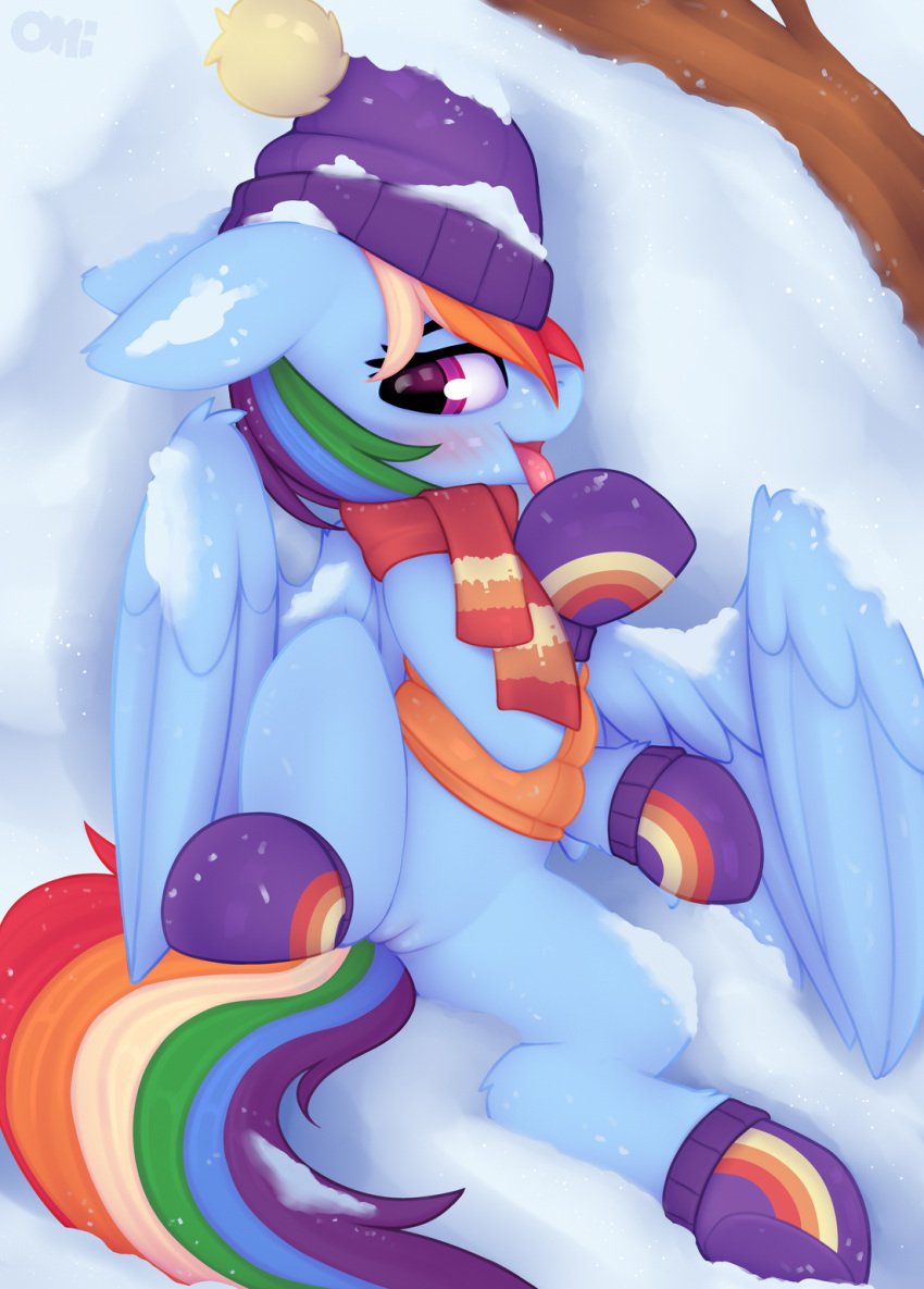 2023 blue_body blue_feathers blush bottomless clothed clothing equid equine feathered_wings feathers female feral friendship_is_magic hair hasbro hi_res mammal multicolored_hair multicolored_tail my_little_pony omiart open_mouth open_smile pegasus pink_eyes rainbow_dash_(mlp) rainbow_hair rainbow_tail smile snow solo tail tongue tongue_out wings