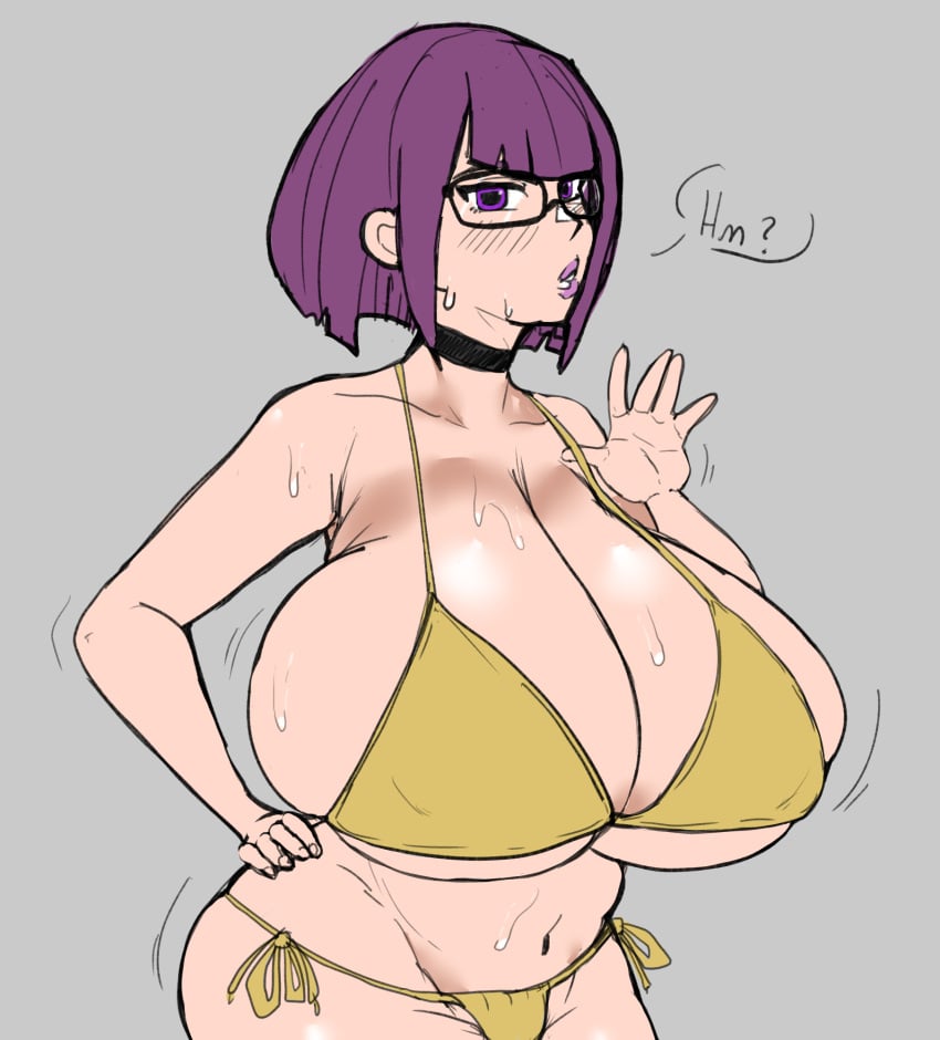 bikini dialogue dinocore gigantic_breasts glasses hand_on_hip huge_breasts kaya_(dinocore) nipple_bulge nipples_visible_through_clothing purple_hair purple_lips