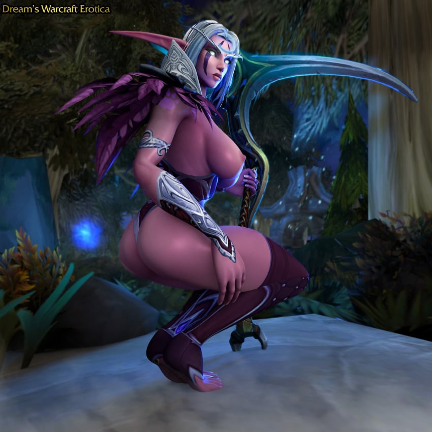 1girls 3d blizzard_entertainment demitria_(warcraft) dreamswarart night_elf original_character pink_skin solo squatting straight_hair thick_thighs warcraft white_hair world_of_warcraft