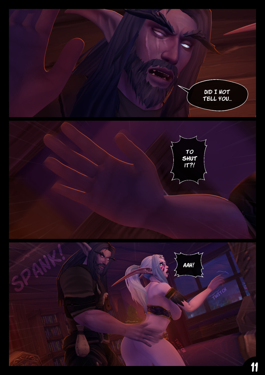 1boy 1girls 3d alvarina alvarina_(alvarina) blizzard_entertainment blush comic comic_page dialogue dubious_consent night_elf original_character pink_skin smooth_skin spanking warcraft white_hair world_of_warcraft