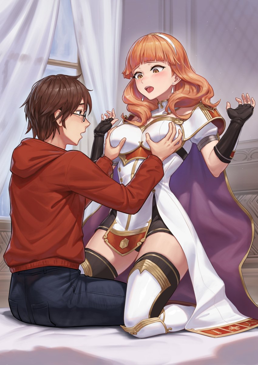 1boy 1girls absurdres armor bed bedroom black_panties black_shorts black_thighhighs blunt_bangs blush boobplate breast_grab breastplate breasts cape celica_(fire_emblem) commentary commission double_breast_grab dress earrings english_commentary female fingerless_gloves fire_emblem fire_emblem_echoes:_shadows_of_valentia flustered gloves grabbing grabbing_another's_breast groping groping_breast hairband hetero highres indoors jewelry kneeling large_breasts light-skinned_female light-skinned_male light_skin male nintendo open_mouth orange_eyes orange_hair original panties princess red_hair short_shorts shorts shorts_under_dress skirt source_request surprised thighhighs tiara underwear wavy_hair white_dress zero_a