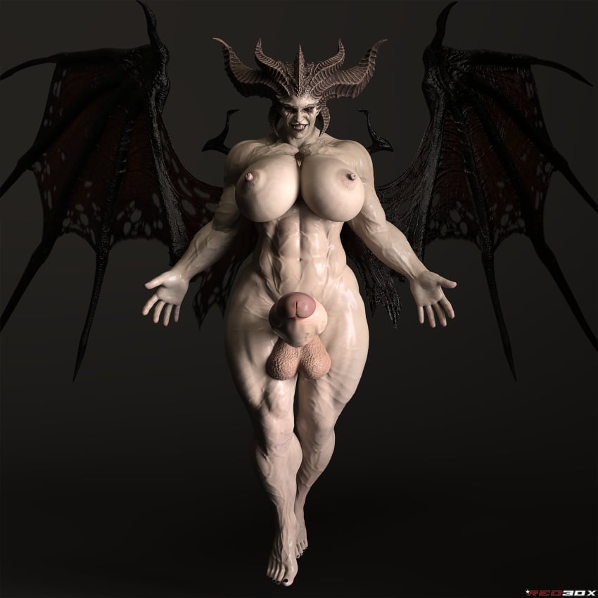 1futa 2023 3d abs blue_eyes diablo fangs foreskin futa_cock futa_only futanari horns large_balls large_breasts large_penis lilith_(diablo) looking_at_viewer muscular muscular_futanari pale-skinned_futanari pale_skin partially_retracted_foreskin red3dx succubus succubus_queen veiny_penis wide_penis wings