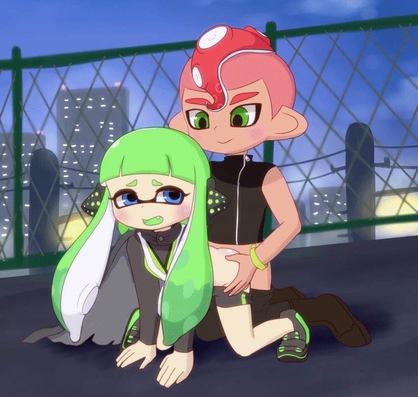 1boy 1girls agent_3_(splatoon) agent_8_(splatoon) animated ass blinking blue_eyes chain-link_fence cute_fang fence from_behind from_behind_position green_eyes green_hair inkling inkling_girl kneeling long_hair loop looping_animation mimix night nintendo octoling octoling_boy open_mouth pants_down penetration pink_hair rooftop short_hair splatoon suction_cup tentacle_hair vest young