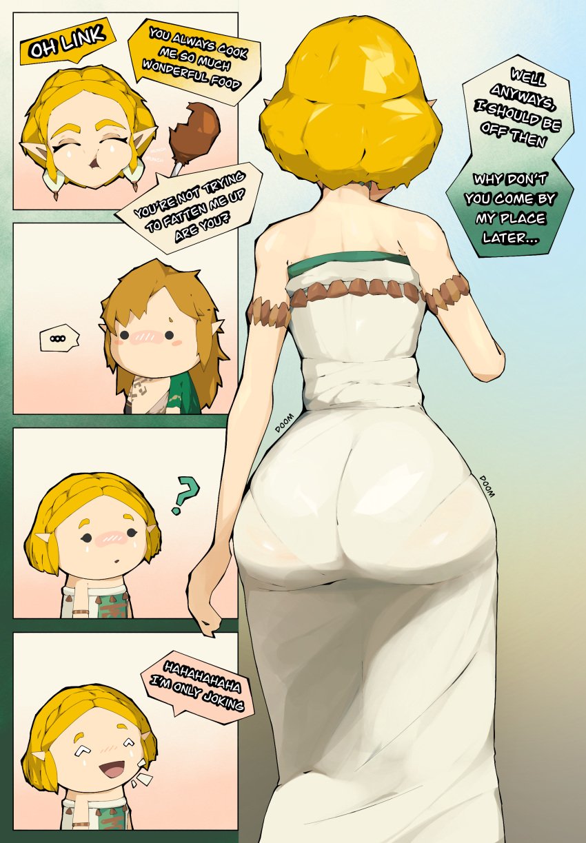 1boy 1girls ass ass_focus ass_in_dress back_view big_ass blonde_hair bottom_heavy comic dialogue dress eating food hi_res link nintendo pointy_ears princess_zelda short_hair speech_bubble sussysomi tears_of_the_kingdom text the_legend_of_zelda zelda_(tears_of_the_kingdom) zonai_outfit