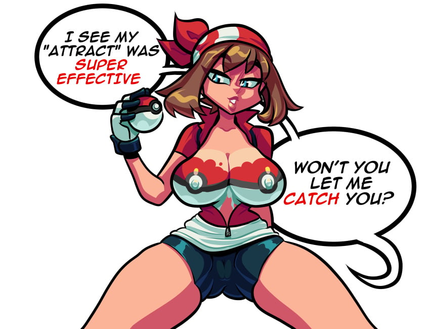 1girls big_breasts blue_eyes bodypaint brown_hair female huge_breasts jacket large_breasts lips may_(pokemon) nevarky nipples pokeball pokemon short_hair solo