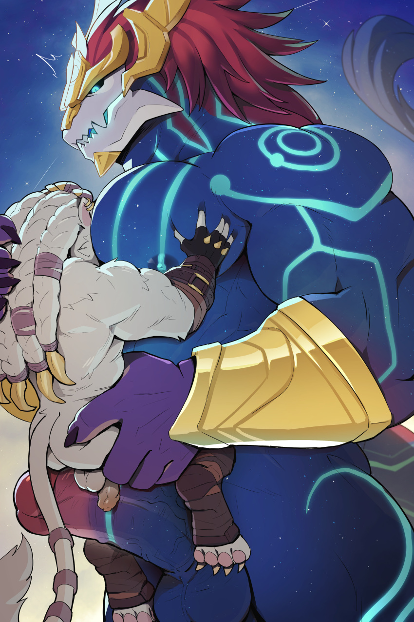 anthro aurelion_sol blue_eyes dragon erection gay league_of_legends male/male male_only nipples nude penis rengar sollyz standing