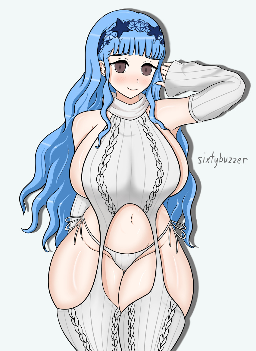 1girls alternate_hairstyle bangs bare_thighs blue_hair breasts brown_eyes female female_only fire_emblem fire_emblem:_three_houses fire_emblem_warriors:_three_hopes garter_straps huge_breasts light-skinned_female light_blue_hair light_skin long_hair looking_at_viewer marianne_von_edmund nintendo official_alternate_hairstyle panties sideboob sixtybuzzer smile solo sweater thick_thighs thighhighs thighs underwear virgin_destroyer_sweater white_panties