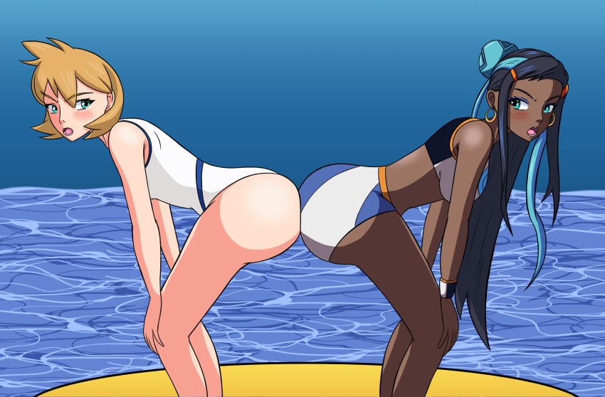 2girls aged_up armlet ass blue_hair blush bubble_butt bumping_asses butt_battle butt_bump creatures_(company) dark-skinned_female dark_skin dat_ass eyelashes female female_only game_freak gloves gym_leader hair_bun huge_ass kasumi_(pokemon) large_ass long_hair looking_at_viewer multicolored_hair multiple_girls navel nessa_(pokemon) nintendo one-piece_swimsuit one_eye_closed orange_hair parted_lips poke_ball poke_ball_(basic) pokemon pokemon_(game) pokemon_hgss pokemon_ss short_hair single_glove smile sports_bikini stomach suwaiya swimsuit two-tone_hair