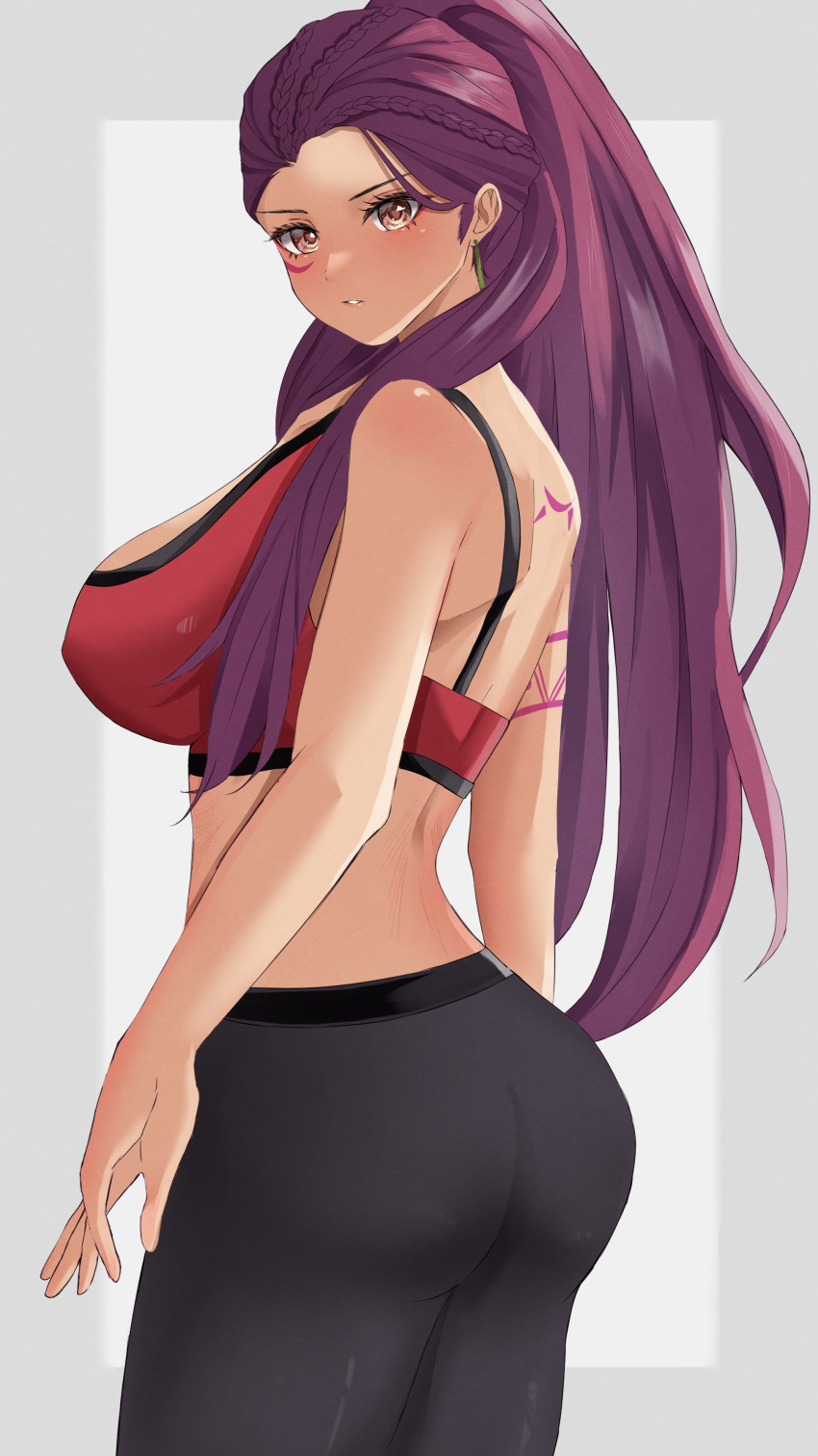 1girls absurdres arm_tattoo ass back back_tattoo bare_back big_ass braid breasts brown_eyes commentary covered_nipples crop_top earrings female female_only fire_emblem fire_emblem:_three_houses from_behind highres huge_ass jewelry large_breasts looking_at_viewer nintendo pants peli_cantaro petra_macneary ponytail post-timeskip purple_hair red_sports_bra solo sports_bra tank_top tattoo yoga_pants