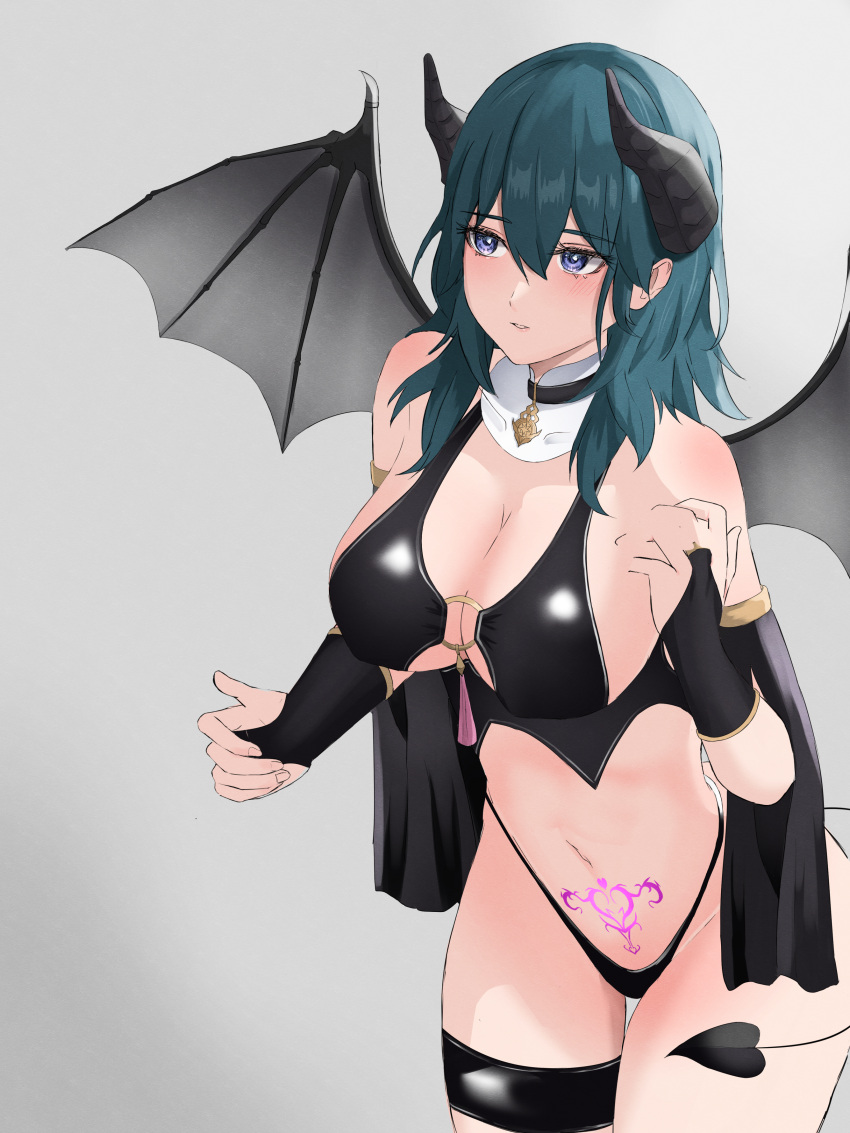 1girls bare_midriff bare_thighs black_panties breasts byleth_(fire_emblem) byleth_(fire_emblem)_(female) cleavage crest_(fe3h) demon demon_girl female female_only fire_emblem fire_emblem:_three_houses horns large_breasts light-skinned_female light_skin medium_hair midriff nintendo o-ring panties peli_cantaro pubic_tattoo sideboob solo succubus succubus_tattoo tail tattoo teal_hair thighs thong underwear