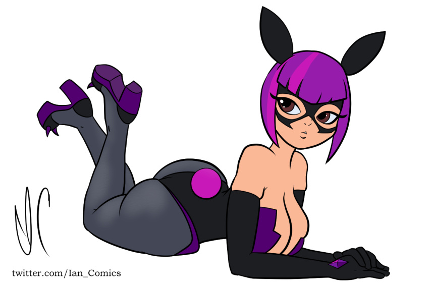 ass big_ass big_butt bunny_ears bunnysuit clevage dinocore huge_breasts kaya_(dinocore) lying lying_down nose purple_hair white_background