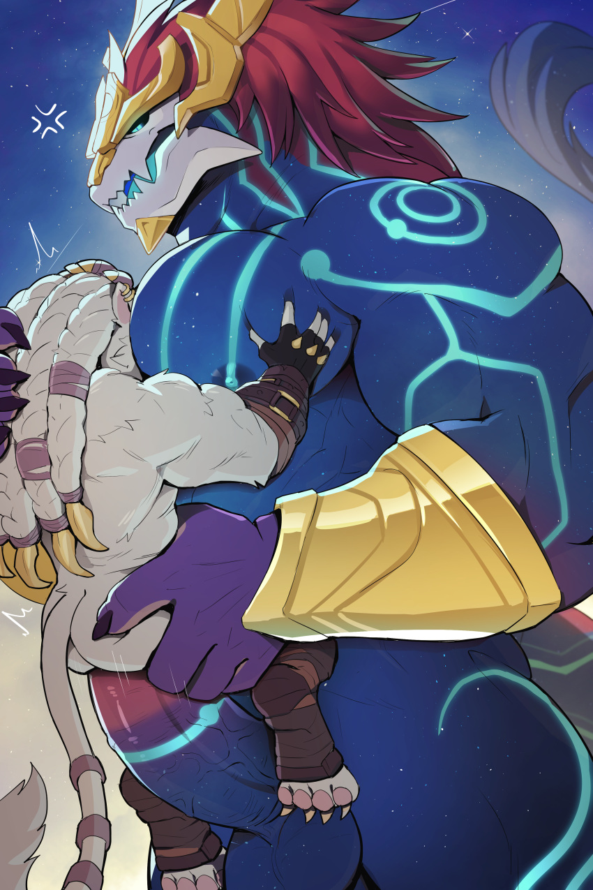 anal anal_sex anthro aurelion_sol blue_eyes dragon erection league_of_legends male male/male male_only nipples nude penis rengar sex sollyz standing