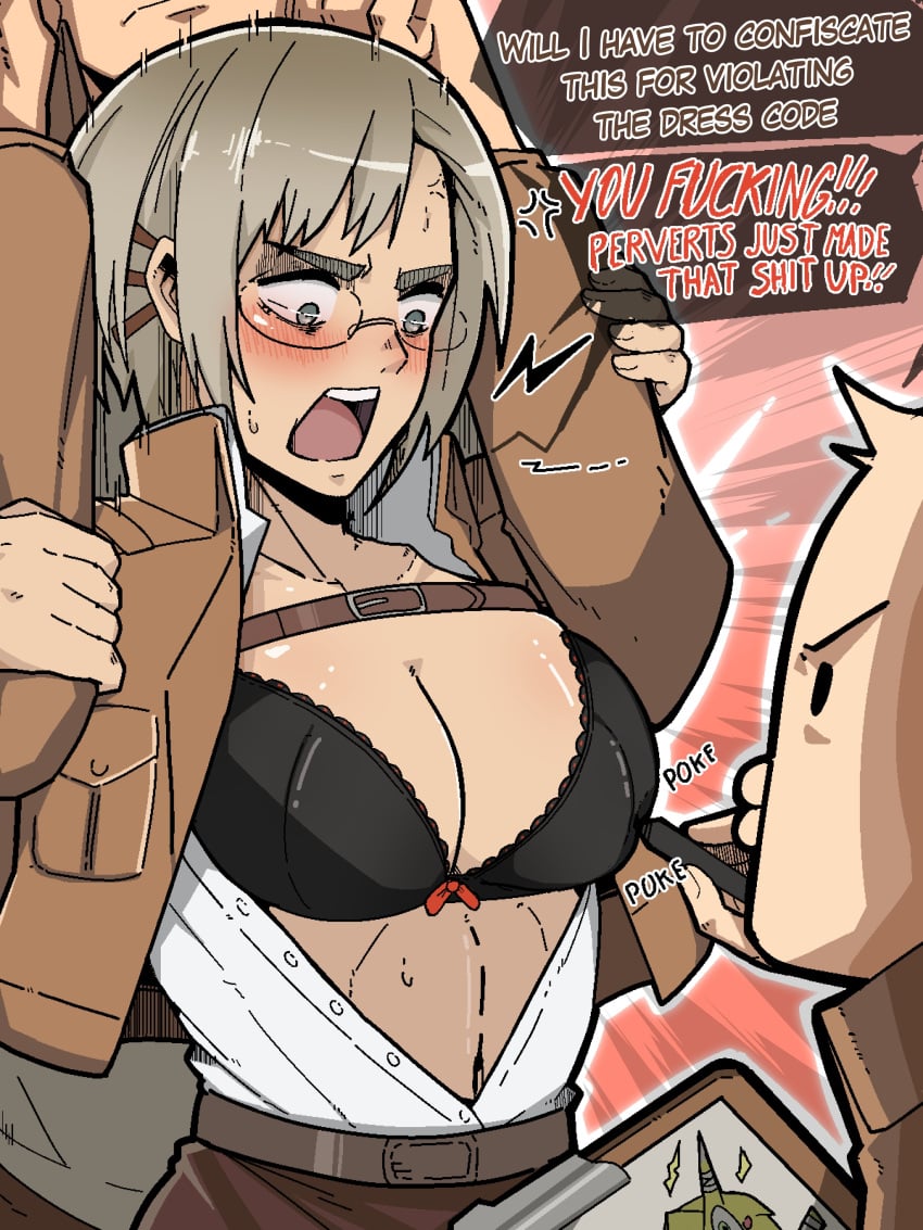 1girls 2boys angry attack_on_titan belts black_underwear blush english_text glasses gray_hair_female imminent_rape imminent_sex mark_gavatino poking restrained rico_brzenska shingeki_no_kyojin undressing white_hair