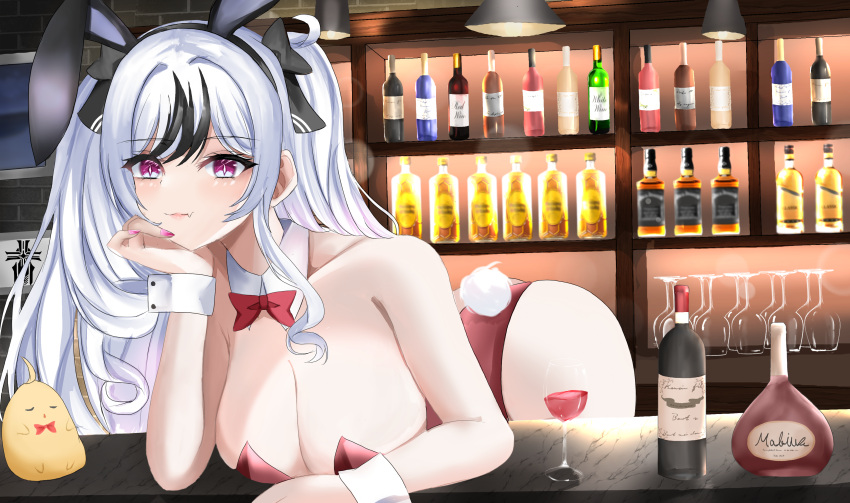 1girls azur_lane bar black_hair bunnysuit elbe_(azur_lane) eyebrows_visible_through_hair fake_animal_ears fake_rabbit_ears female female_only indoors iron_blood_(azur_lane) light-skinned_female light_skin manjuu_(azur_lane) pink_nails purple_eyes rei_tuki solo two_tone_hair white_hair wine wine_bottle wine_bottles wine_glass