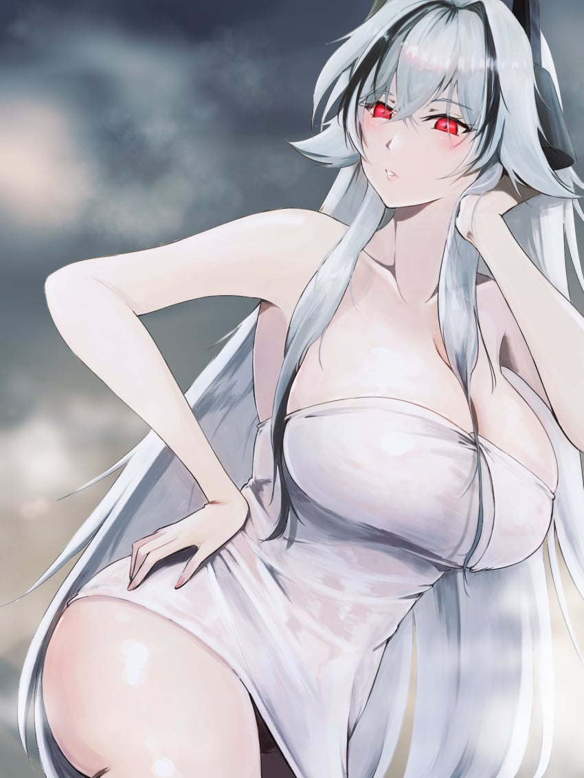 1girls alternate_costume azur_lane barbaaan_(yatsude) black_hair blush cleavage female female_only kursk_(azur_lane) kursk_(lone_wolf_amid_the_steam)_(azur_lane) light-skinned_female light_skin northern_parliament_(azur_lane) official_alternate_costume red_eyes solo towel towel_only two_tone_hair white_hair