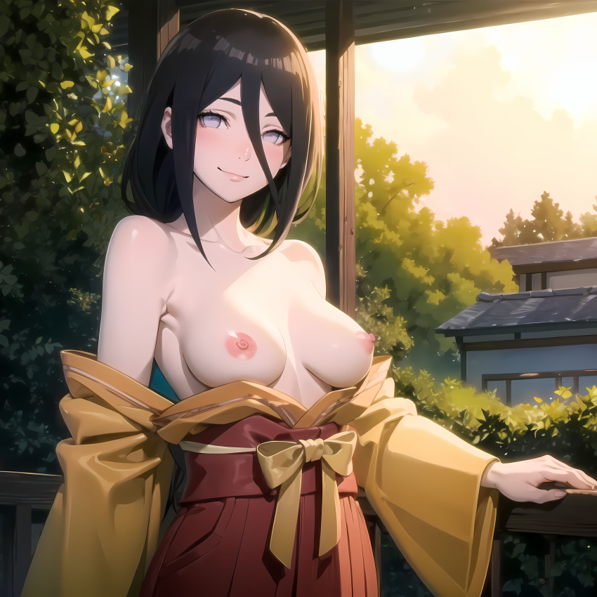 1girls ai_generated alyxra armpits blush boruto:_naruto_next_generations breasts breasts_out brown_hair female female_only hand_on_object hand_on_railing hyuuga_hanabi jordan53 kimono naruto naruto_(series) nipples open_clothes open_kimono smile solo solo_focus stable_diffusion violet_eyes wakipai