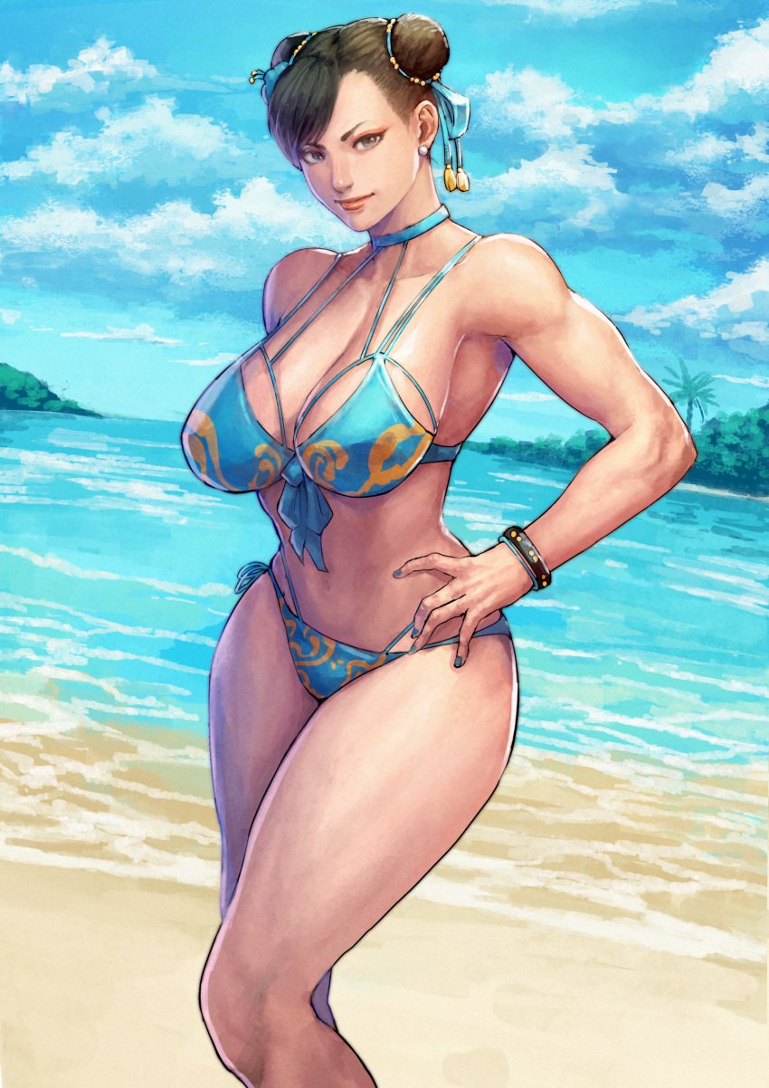 1girls absurdres bare_shoulders beach bikini blue_sky bracelet breasts brown_eyes brown_hair capcom chun-li cirenk cleavage closed_mouth cloud cloudy_sky collarbone commentary double_bun earrings female female_only fingernails fully_clothed hair_bun hair_ornament hand_on_own_hip highleg highleg_bikini highres jewelry lips looking_at_viewer makeup nail_polish navel ocean outdoors revision shore simple_background sky smile solo stomach straight_hair street_fighter street_fighter_ii swimsuit thighs water