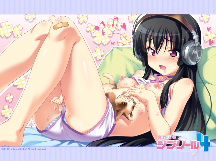 ayanokouji_aoi bandaid cat clothed_masturbation clothing feline headphones kuuchuu_yousai makai_tenshi_djibril makai_tenshi_djibril_4 masturbation medium_breasts nipples no_bra oppai panties shimapan shirt shirt_lift wallpaper