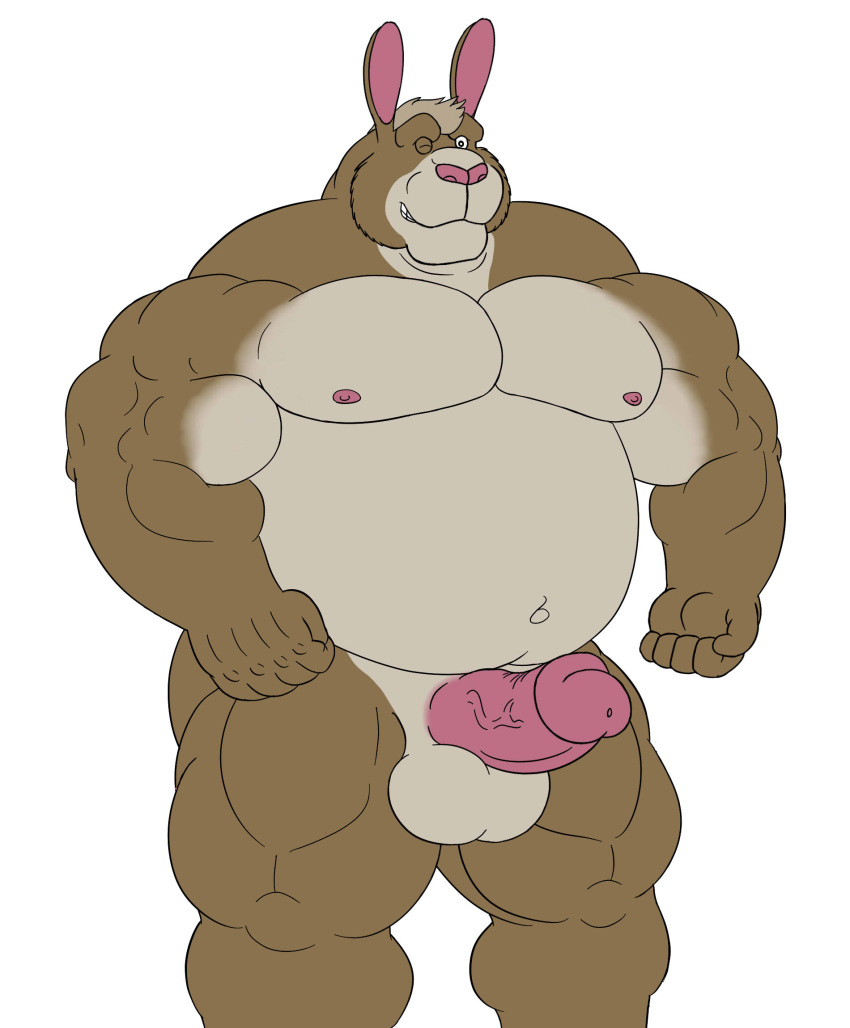 balls belly biceps big_muscles chubby erection krosbar_(artist) lagomorph male male_only mammal musclegut muscles original original_character pecs penis rabbit smile solo standing