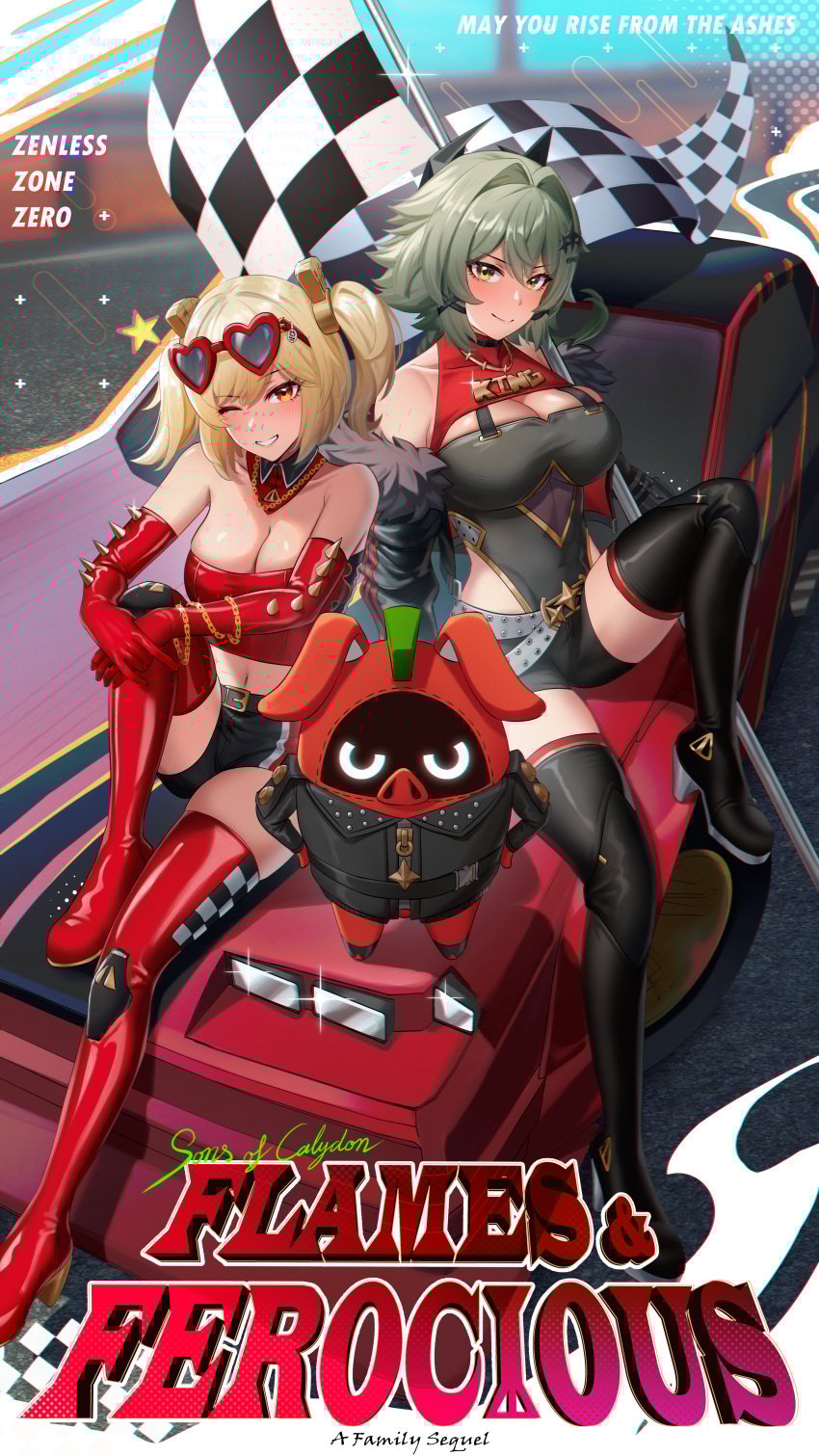 2girls absurdres adapted_costume alternate_costume bangboo_(zenless_zone_zero) bare_shoulders belt black_belt black_footwear black_horns black_jacket black_shirt black_shorts blonde_hair boots breasts burnice_white caesar_king caesar_king_(zenless_zone_zero) car checkered_flag cleavage closed_mouth collar commentary covered_collarbone crop_top cruzvu detached_collar elbow_gloves english_commentary english_text flag fur-trimmed_jacket fur_trim gloves green_hair hair_between_eyes hair_intakes hair_ornament heart heart-shaped_eyewear highres horns jacket large_breasts long_hair looking_at_viewer medium_hair midriff motor_vehicle multiple_girls navel on_car one_eye_closed open_clothes open_jacket orange_eyes outdoors race_queen race_vehicle racecar racetrack red_collar red_footwear red_gloves red_moccus red_shirt shirt shorts single_off_shoulder sitting smile thigh_boots thighs twintails white_belt x_hair_ornament yellow_eyes zenless_zone_zero