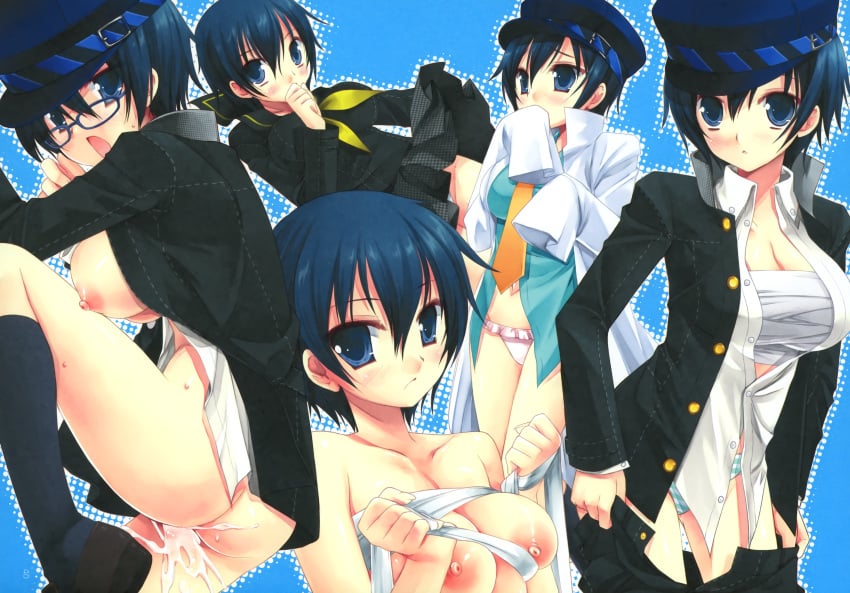 ass cum d.n.a.lab megami_tensei megane miyasu_risa nipples open_clothes open_shirt oppai panties paper_texture persona persona_4 sarashi sex shimapan shirogane_naoto shirt undressing