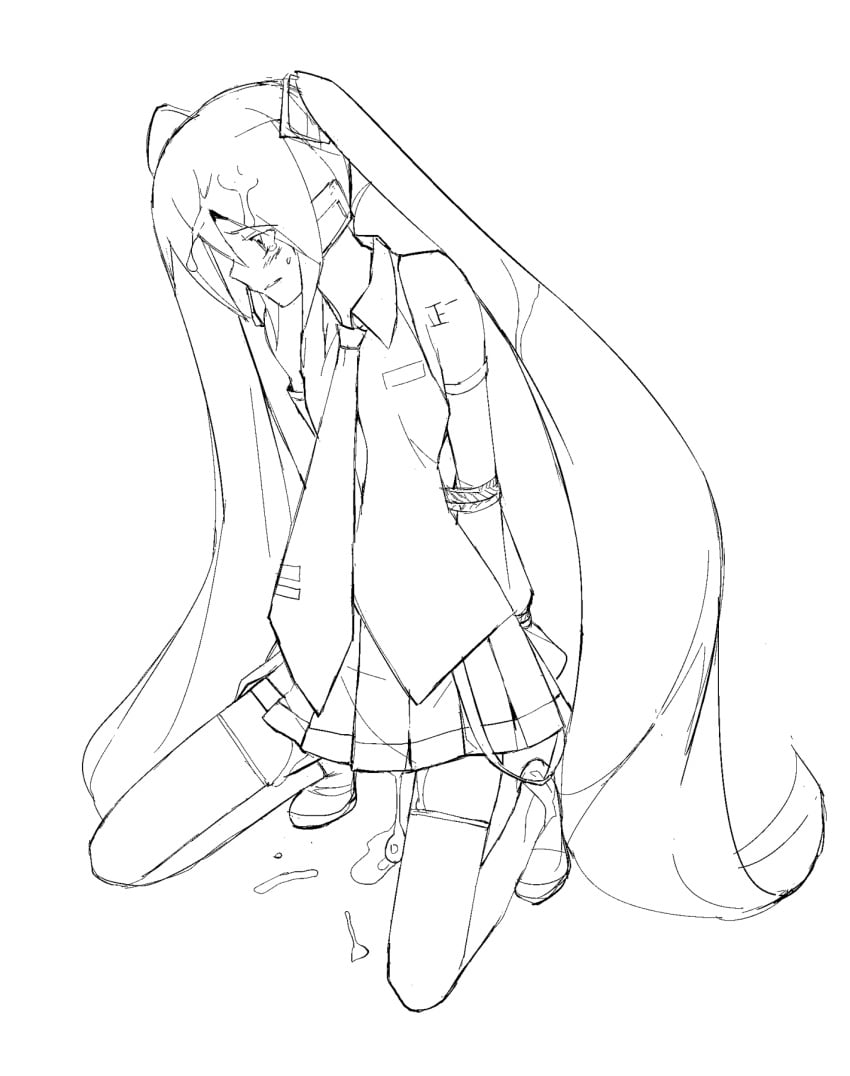 bondage cum hatsune_miku initial-g monochrome sketch thighhighs vocaloid