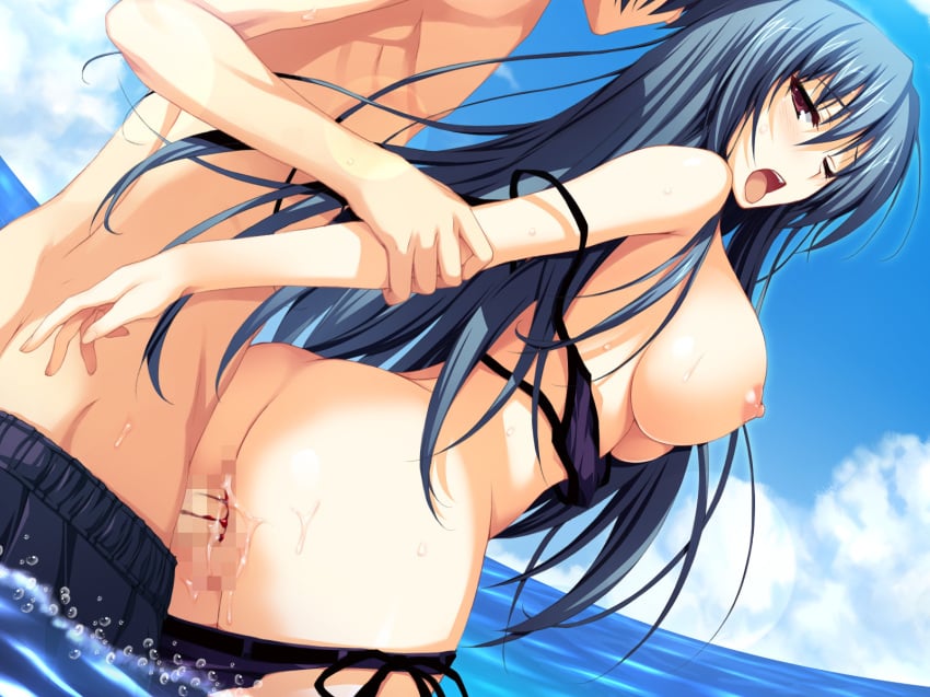 1boy 1girls akatsuki_no_goei bikini blood censored female game_cg kanzaki_moe male mizugi mugenkidou nipples oppai penis sex straight tomose_shunsaku