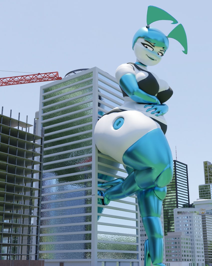 1girls 3d android bigger_female blender building city female female_only giantess goolba humanoid jenny_wakeman macro robot robot_girl robot_humanoid size_difference solo waiting xj-9