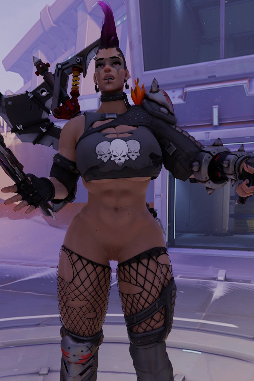 3d abs blender blender_cycles half-dressed half_naked half_nude junker_queen overwatch overwatch_2 pantless semi_nude sgejinx_(artist) sloppygedits standing tights underboob volskaya_industries_(map) weapons