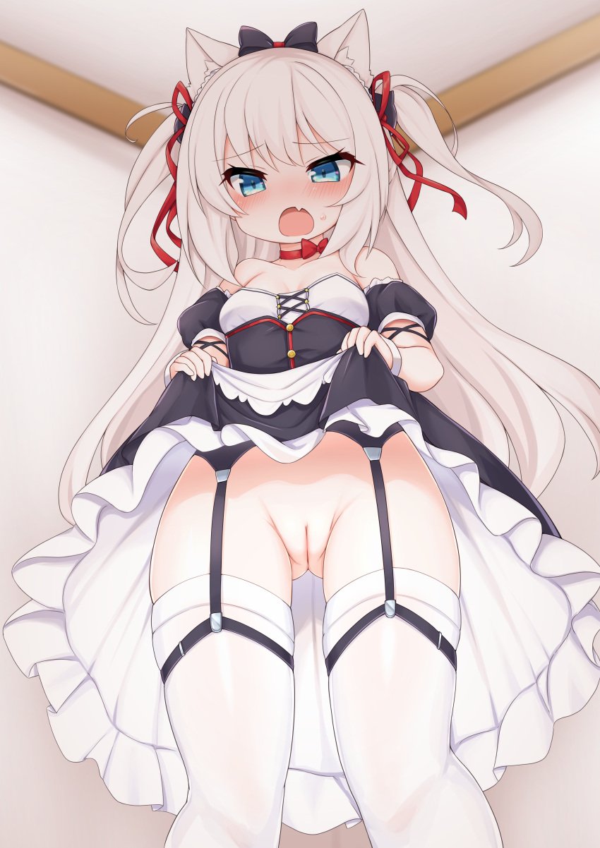 absurdres animal_ears ass_visible_through_thighs azur_lane bare_shoulders black_bow black_dress blue_eyes blush bow bow_choker breasts cat_ears cat_hair_ornament choker cleft_of_venus clothes_lift collarbone commentary detached_sleeves dress dress_lift fake_animal_ears feet_out_of_frame female frilled_dress frills from_below garter_belt hair_ornament hair_ribbon hairbow hammann_(azur_lane) highres kinomiki_nobori lifted_by_self long_hair no_panties oerba_yun_fang open_mouth pussy red_bow red_choker red_ribbon ribbon short_sleeves skin_fang small_breasts strapless strapless_dress sweat thighhighs two_side_up uncensored white_hair white_thighhighs