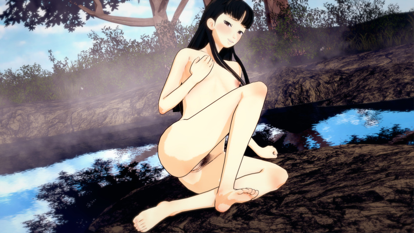 1girls 3d 3d_(artwork) amagi_yukiko ass atlus bangs black_hair blunt_bangs blush breasts brown_eyes collarbone completely_naked completely_nude confident covering effineffer female female_only flashing flashing_pussy full_body long_hair looking_at_viewer megami_tensei naked naked_female nipples nude nude_female onsen outdoors persona persona_4 pussy rock sitting soaking_feet solo solo_female steam thighs towel wading water wet