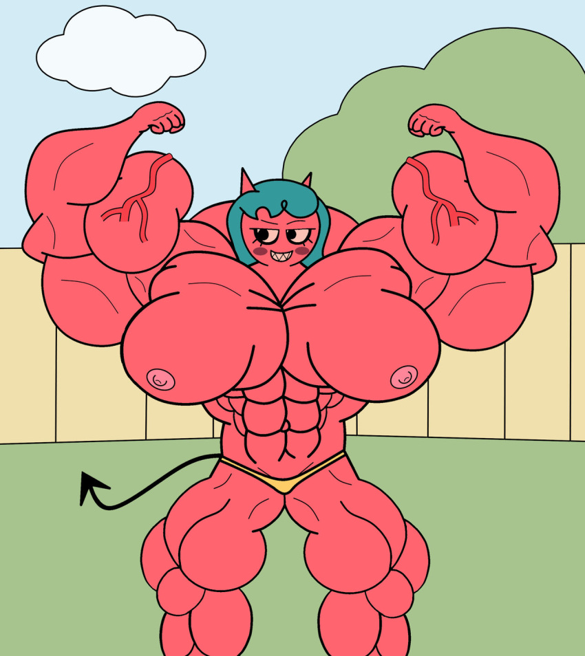 abs black_tail blush cloud demon demon_horns demon_tail devil_mom_(jackbox) eyelashes female fence grass huge_biceps jackbox_games large_breasts muscles red_skin sharp_teeth teal_hair the_devils_and_the_details the_jackbox_party_pack_7 thick_thighs topless tree vein vixylafoen yellow_panties