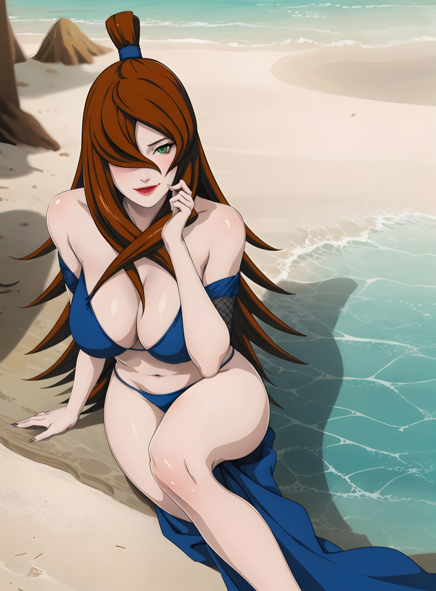 1girls ai_generated big_breasts bikini breasts brown_hair cjin cleavage female female_only green_eyes lipstick long_hair looking_at_viewer makeup mature mature_female mature_woman mei_terumi midriff nai_diffusion naruto naruto_(series) naruto_shippuden seducing seductive seductive_eyes seductive_look seductive_pose seductive_smile smile smiling smiling_at_viewer solo stable_diffusion swimsuit very_long_hair