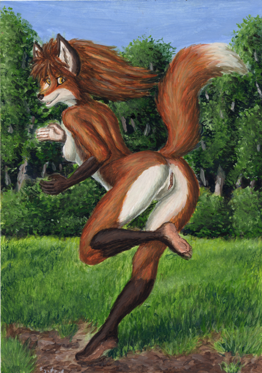 2023 anthro ass breasts canid canine female forest fox genitals grass hi_res humanoid_feet mammal oil_painting_(artwork) outside painting_(artwork) plant plantigrade presenting presenting_hindquarters pussy running side_boob smile solo syntech traditional_media_(artwork) tree yellow_eyes