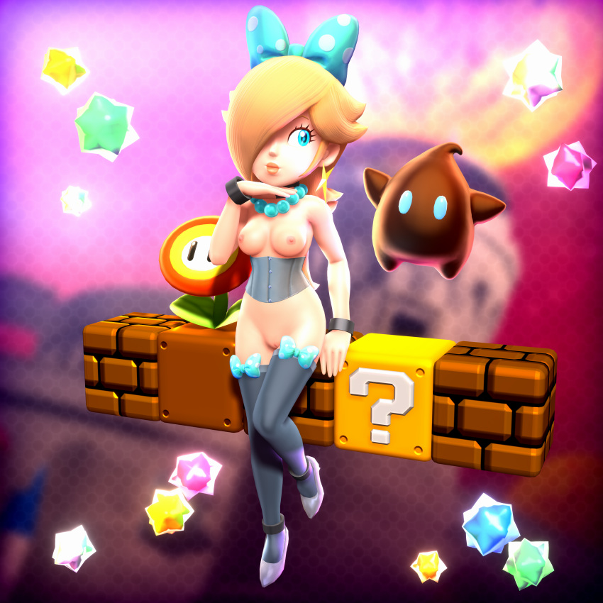 1girls bow breasts corset female functionally_nude hairbow luma mario_(series) onmodel3d pinup polari posing princess_rosalina pussy slave_outfit solo_focus star_bits super_mario_galaxy thighhighs