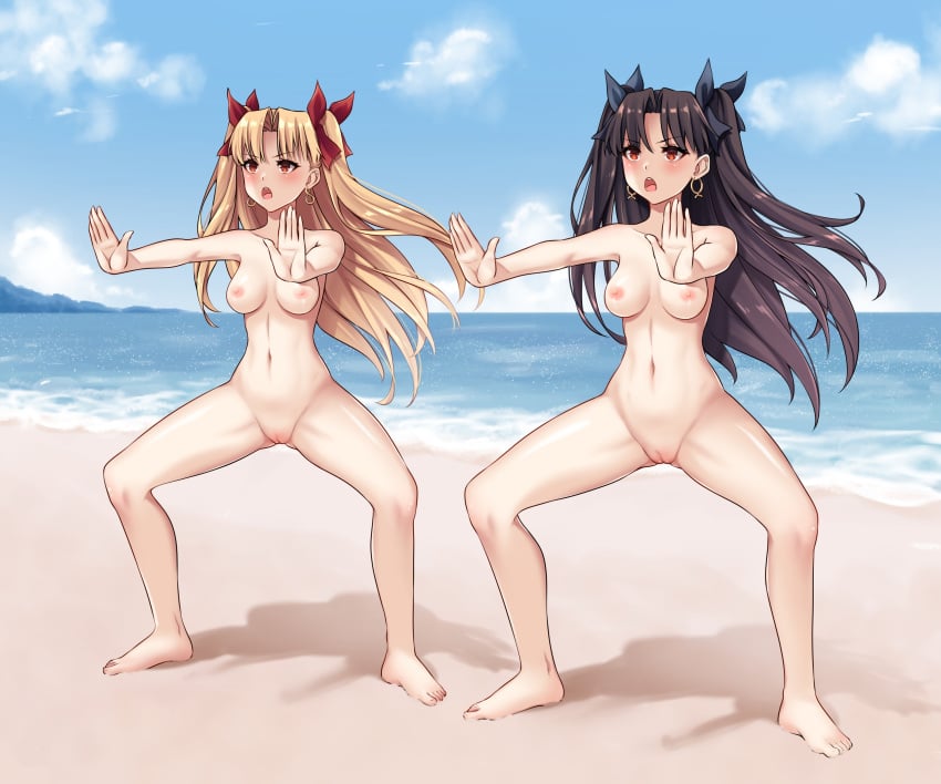 2girls alternate_version_available areolae barefoot blush breasts completely_nude completely_nude_female earrings ereshkigal_(fate) exhibitionism fate/grand_order fate_(series) female female_only full_body ishtar_(fate/grand_order) martinstorm multiple_girls naked naked_female nipples nude nude_female open_mouth pussy squatting synchronized uncensored yoga