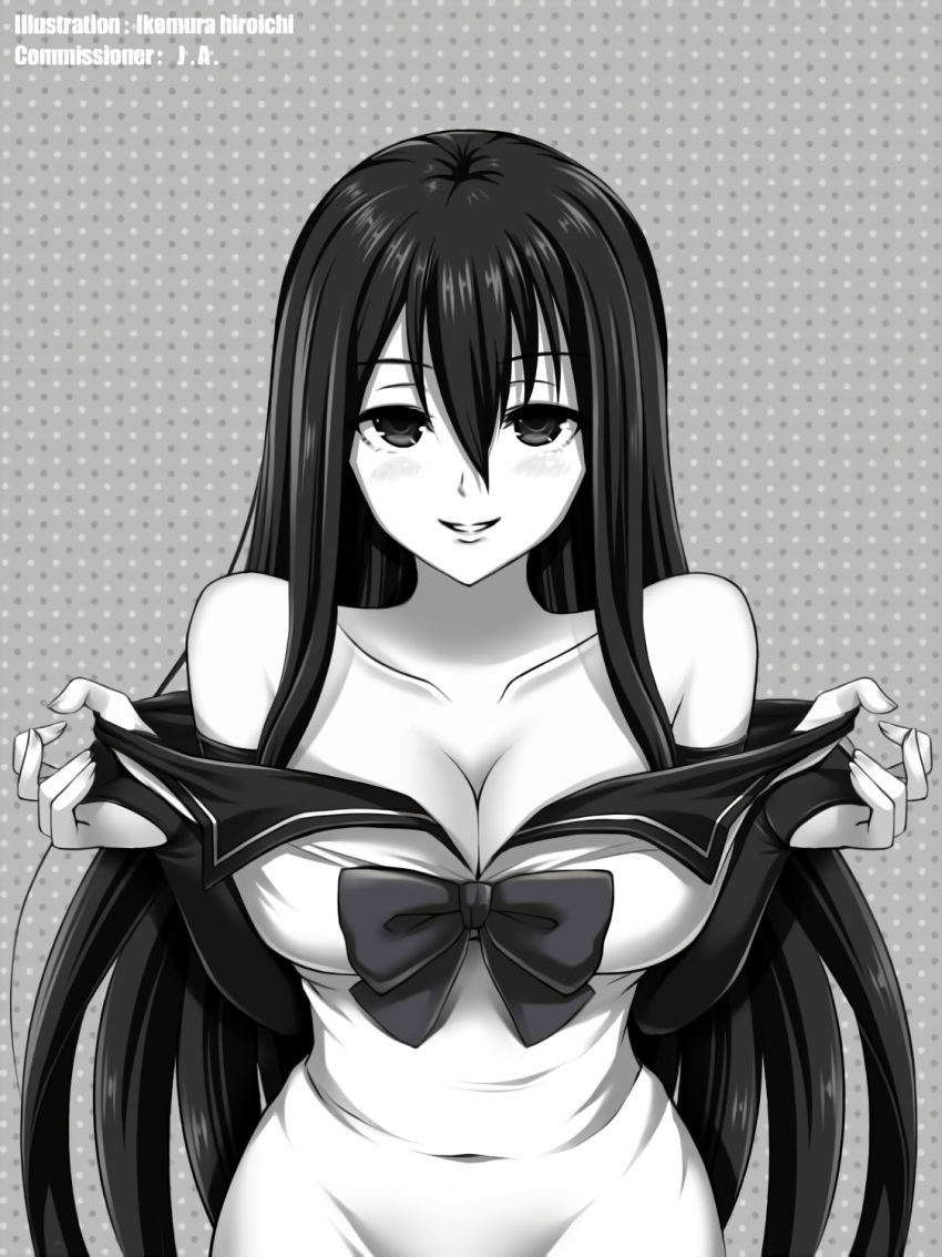 1girls artist_name bare_shoulders big_breasts black_eyes black_hair blush breasts bridal_gauntlets busty cleavage clothes_pull covered_navel detached_sleeves female female_only gokukoku_no_brynhildr highres ikemura_hiroichi kuroha_neko large_breasts long_hair looking_at_viewer monochrome naughty_face parted_lips ribbon sailor_collar smile solo teasing undressing voluptuous