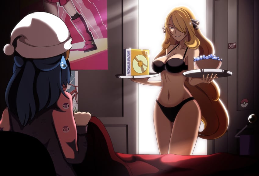 2girls age_difference backlighting black_bra black_panties blonde_hair bra breasts cleavage clothing cowboy_shot curvy_female cynthia_(pokemon) dawn_(pokemon) door female female_only game_freak hair_over_one_eye half_updo indoors legs_together lingerie long_hair matching_underwear nightcap nintendo older_female older_woman_and_younger_girl panties pokemon pokemon_dppt rare_candy reference smile smirk standing sweatdrop tattoo technical_machine thigh_gap tray underwear underwear_only very_long_hair vivivoovoo yuri