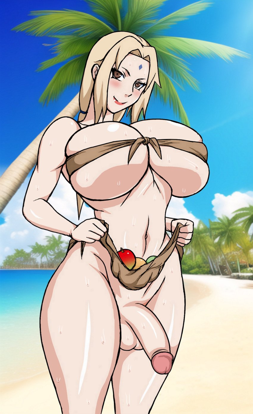 1futa balls beach belly_button big_balls big_breasts big_penis blonde_hair breasts brown_eyes clothed clothing curvy flaccid fruit futa_only futanari half-erect hourglass_figure human jungle light-skinned_futanari light_skin long_hair milf mostly_nude muscular_futanari naruho naruko89 naruto naruto_(series) penis rags solo solo_futa standing stomach sweat thick_thighs tropical tsunade twintails