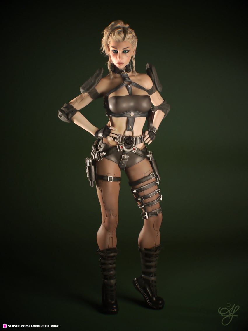 1girls 2020 3d amouretluxure blonde_hair blue_eyes boots clothed clothing female female_only fingerless_gloves gloves hands_on_hips harness kane_(amouretluxure) original_character sci-fi science_fiction solo solo_female standing