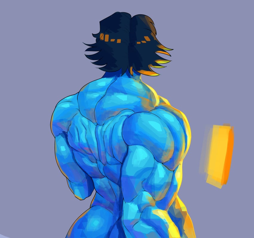 back blue_skin cinkoji color colored female monnie_(cinkoji) muscle muscles muscular muscular_arms muscular_back muscular_female oc original original_character solo solo_female