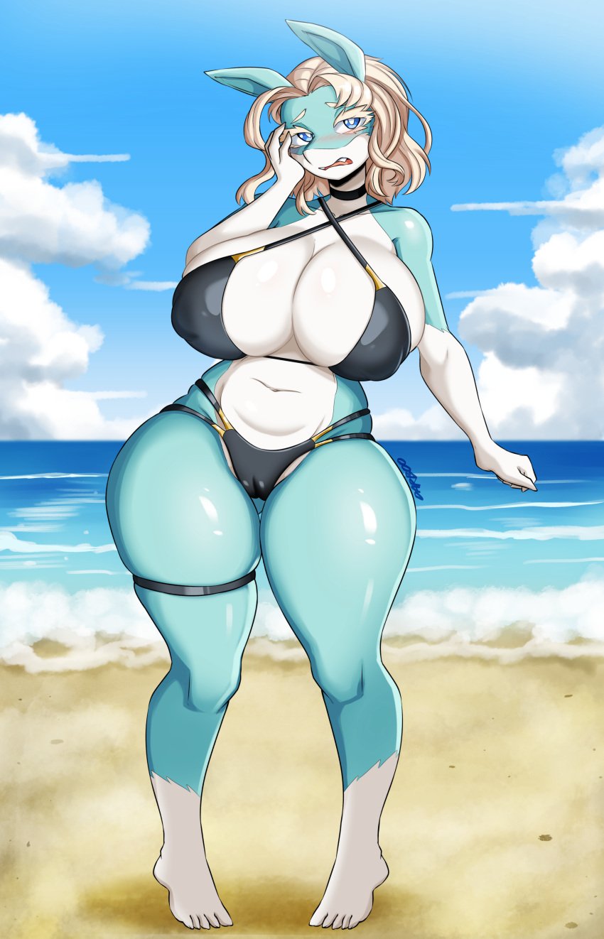 1girls beach big_breasts bikini black_bikini blonde_hair clouds darboo detailed_background erected_nipples feet huge_ass huge_breasts ippan_josei looking_away massive_breasts my_hero_academia nipple_bulge no_humans plump_labia puffy_nipples puffy_pussy sand shounen_jump shy sky smooth_skin tagme thick_thighs thigh_strap two_tone_body unknown_species wide_hips