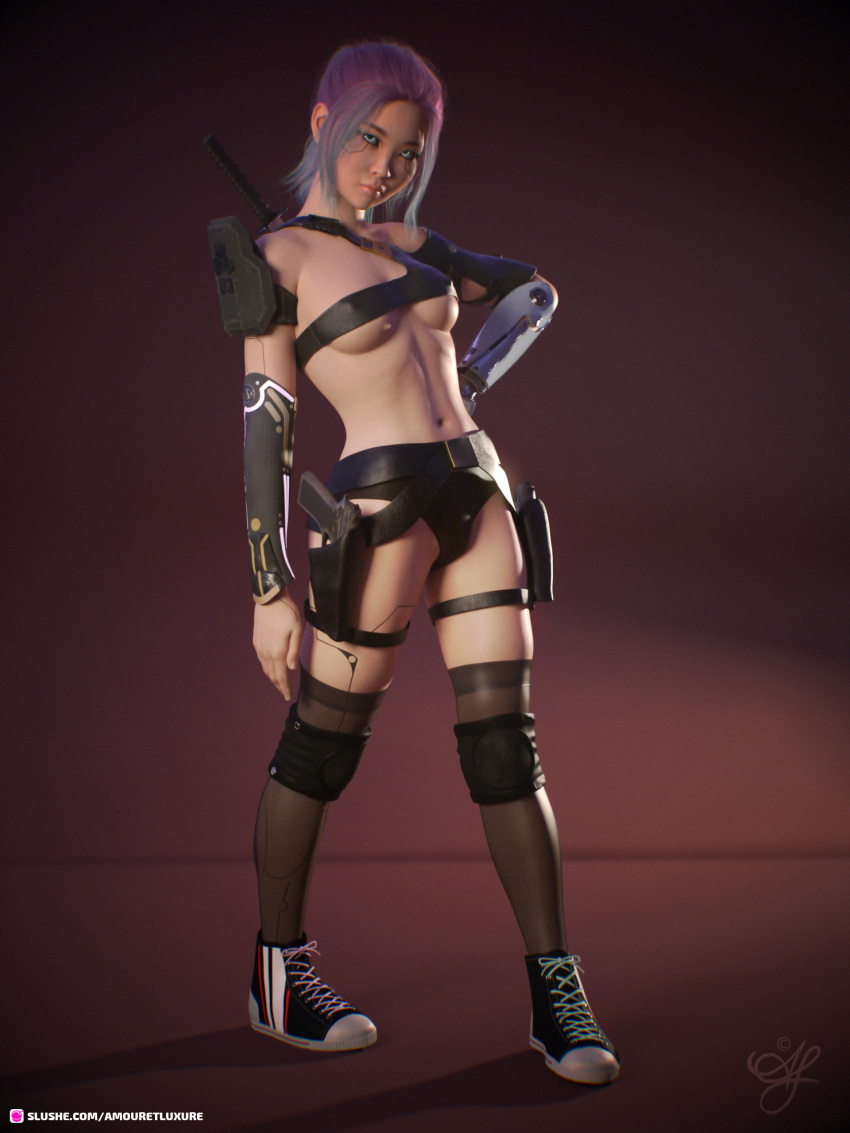 1girls 2020 3d amouretluxure clothed clothing female female_only glowing_eyes holster honey_moon_(amouretluxure) looking_at_viewer nipple_bulge nipples_visible_through_clothing original_character purple_hair reovlver sci-fi science_fiction solo solo_female standing straps