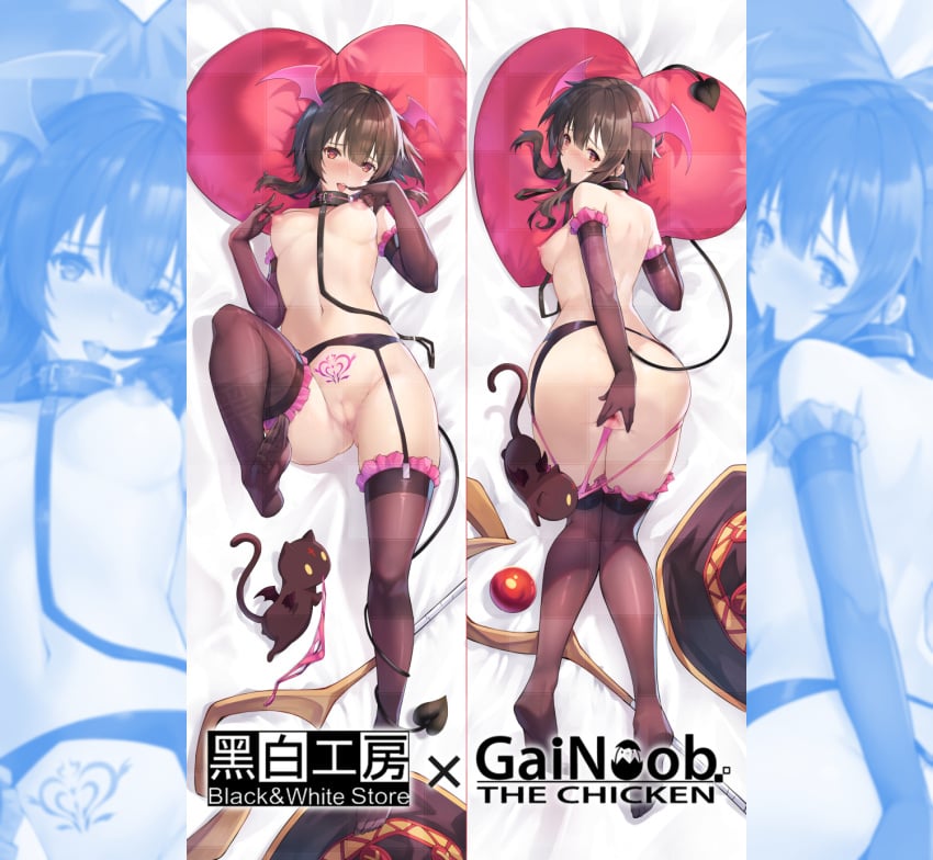 animal_collar aroused artist_name ass ass_visible_through_thighs back bare_shoulders bed_sheet between_breasts black_collar black_gloves black_hair black_headwear black_thighhighs blunt_bangs blush breasts breasts_apart censored chomusuke closed_mouth collar cosplay covering covering_crotch curvy dakimakura_(medium) dakimakura_design demon_horns demon_tail elbow_gloves english_commentary fake_horns fake_tail feet female finger_to_mouth frilled_gloves frilled_thighhighs frills full_body furrowed_brow gainoob garter_belt garter_straps gloves groin hair_between_eyes hat hat_removed head_on_pillow head_tilt headwear_removed heart heart_pillow highres horns knees_together_feet_apart kono_subarashii_sekai_ni_bakuen_wo! kono_subarashii_sekai_ni_shukufuku_wo! leash leash_between_breasts leash_in_mouth leg_up legs lifted_by_self looking_at_viewer looking_back lying medium_breasts megumin midriff mixed-language_commentary mosaic_censoring multiple_views naughty_face navel nipples no_shoes nude o-ring on_back on_stomach open_mouth panties panty_pull partially_visible_vulva pillow pink_panties pinky_out presenting pulled_by_another pussy red_eyes shinjin_succubus_(konosuba) shinjin_succubus_(konosuba)_(cosplay) short_hair_with_long_locks sideboob skindentation soles spread_legs spread_pussy staff stomach stomach_tattoo tail tail_around_own_leg tattoo teeth thighhighs thighs toes underwear upper_teeth_only witch_hat