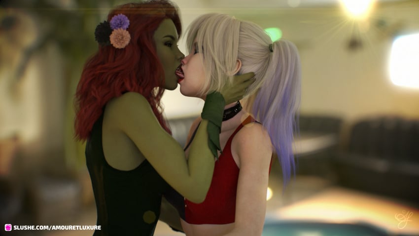 2020 2girls 3d amouretluxure batman_(series) clothed clothing collar dc dc_comics depth_of_field fanart female female_only green_body green_skin harley_quinn indoors kissing lipstick medium_breasts multiple_girls pamela_isley poison_ivy red_hair red_lipstick side_view standing yuri