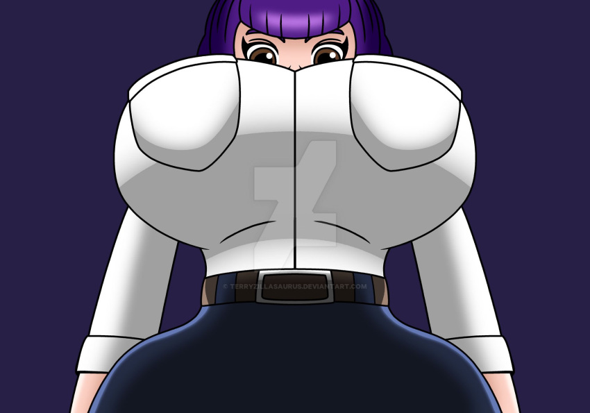 big_breasts big_breasts breasts breasts breasts clothed clothing dinocore huge_breasts kaya_(dinocore) looking_at_viewer looking_down purple_hair viewed_from_below