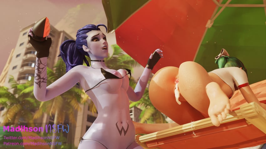 2girls 3d anal beach beach_chair big_ass big_breasts blue_hair buttplug feet female female_only fingerless_gloves green_hair imminent_anal imminent_anal_insertion kiriko_(overwatch) large_buttplug madihsonnsfw overwatch self_upload sex_toy soles tagme tentacle_buttplug violet-skinned_female violet_skin widowmaker yuri