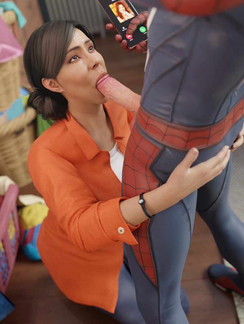 1boy 1girls 3d 3d_(artwork) batesz blowjob breasts brown_hair clothed_sex dark-skinned_female dark_skin fellatio female hi_res holding_ass holding_butt human human_only interracial kneeling kneeling_oral_position large_breasts latina light-skinned_male light_skin male marvel marvel_comics mature mature_female milf mother oral oral_sex penis peter_parker phone rio_morales rio_morales_(playstation) spider-man spider-man_(ps4) spider-man_(series) spider-man_2_(ps5) straight superhero unseen_male_face